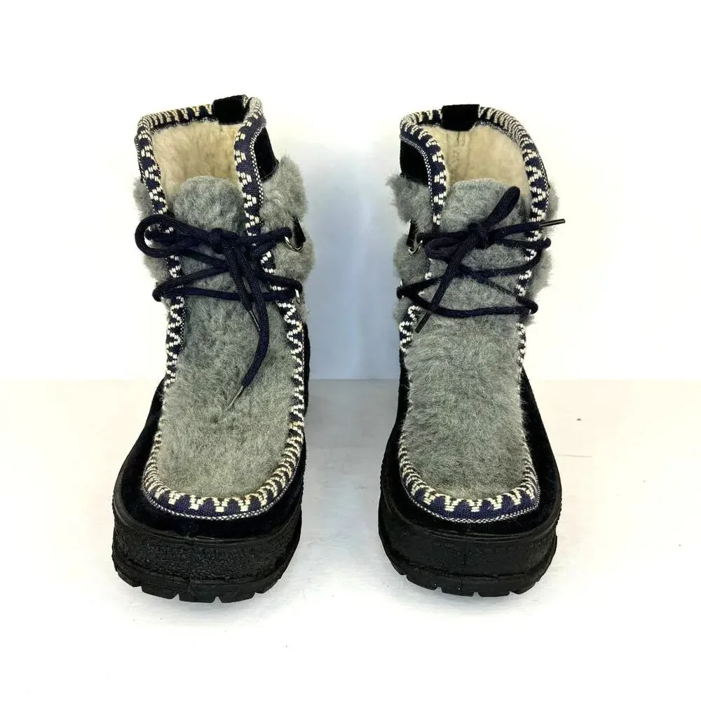 Blue & Gray Fur Lined & Detailed Suede Lace Up Ankle Snow Boots | Women's‎ 6